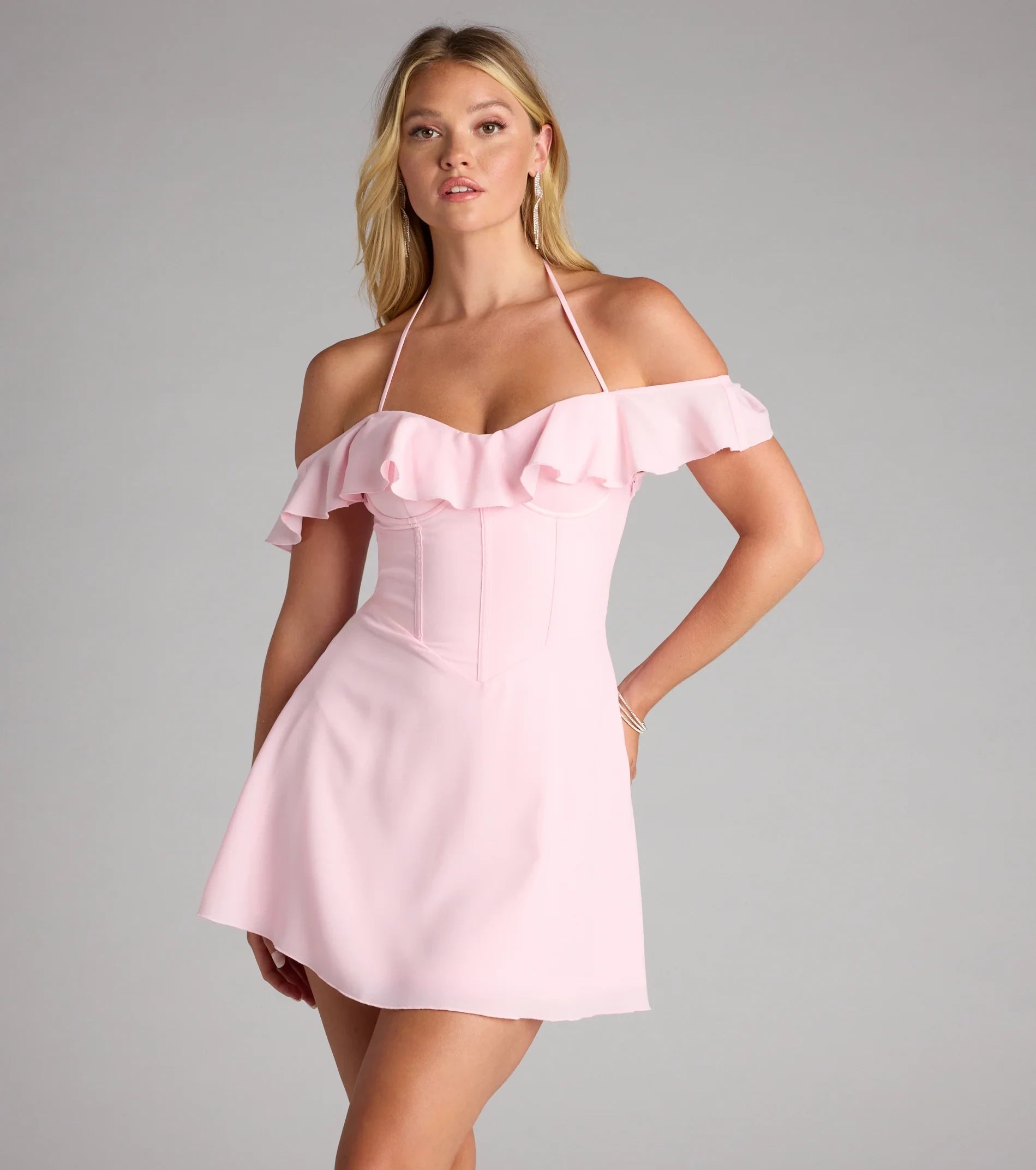 Sweet A-Line Off-Shoulder Halter Ruffle Lace-Up Back Mini Homecoming Dresses