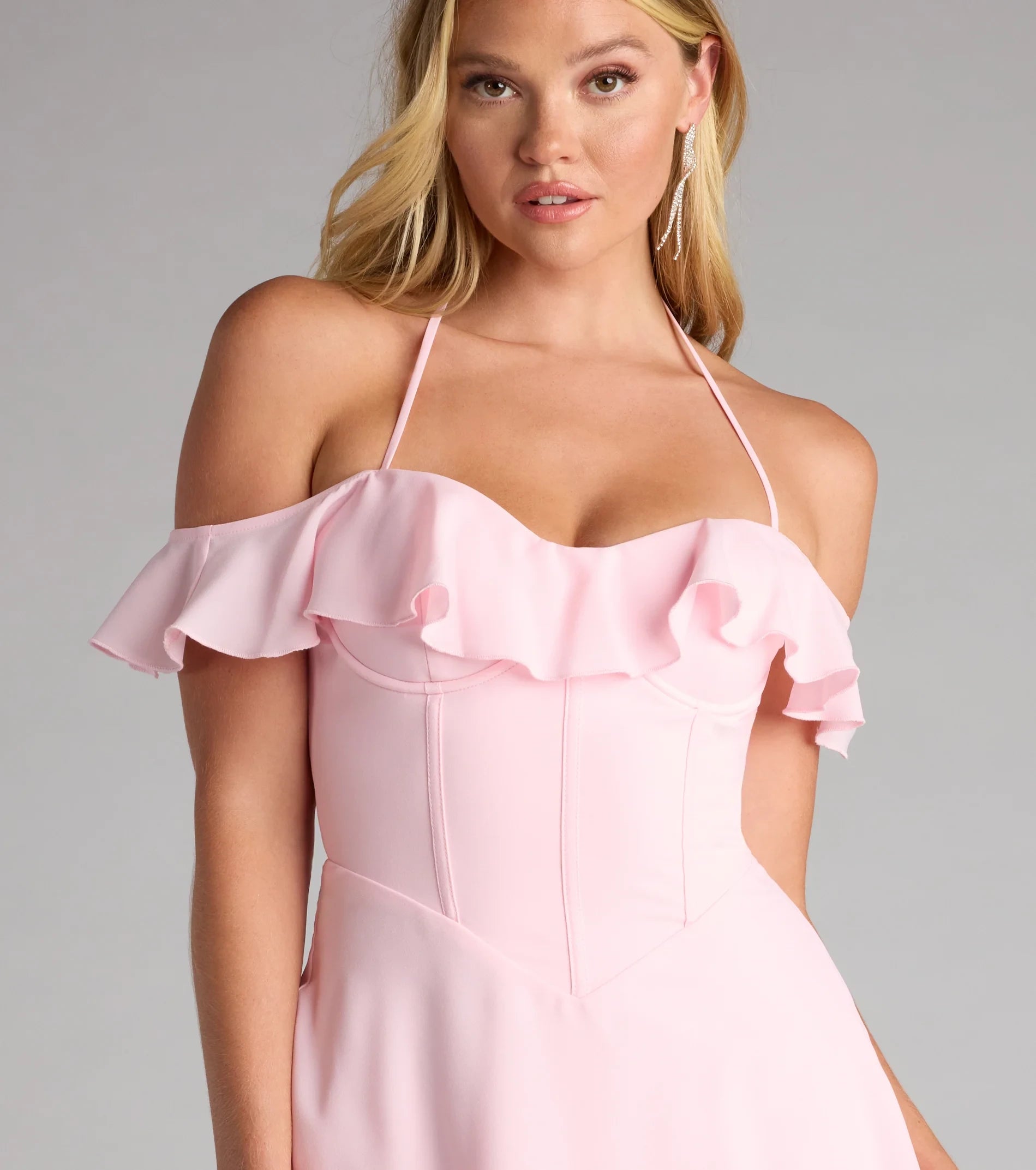 Sweet A-Line Off-Shoulder Halter Ruffle Lace-Up Back Mini Homecoming Dresses