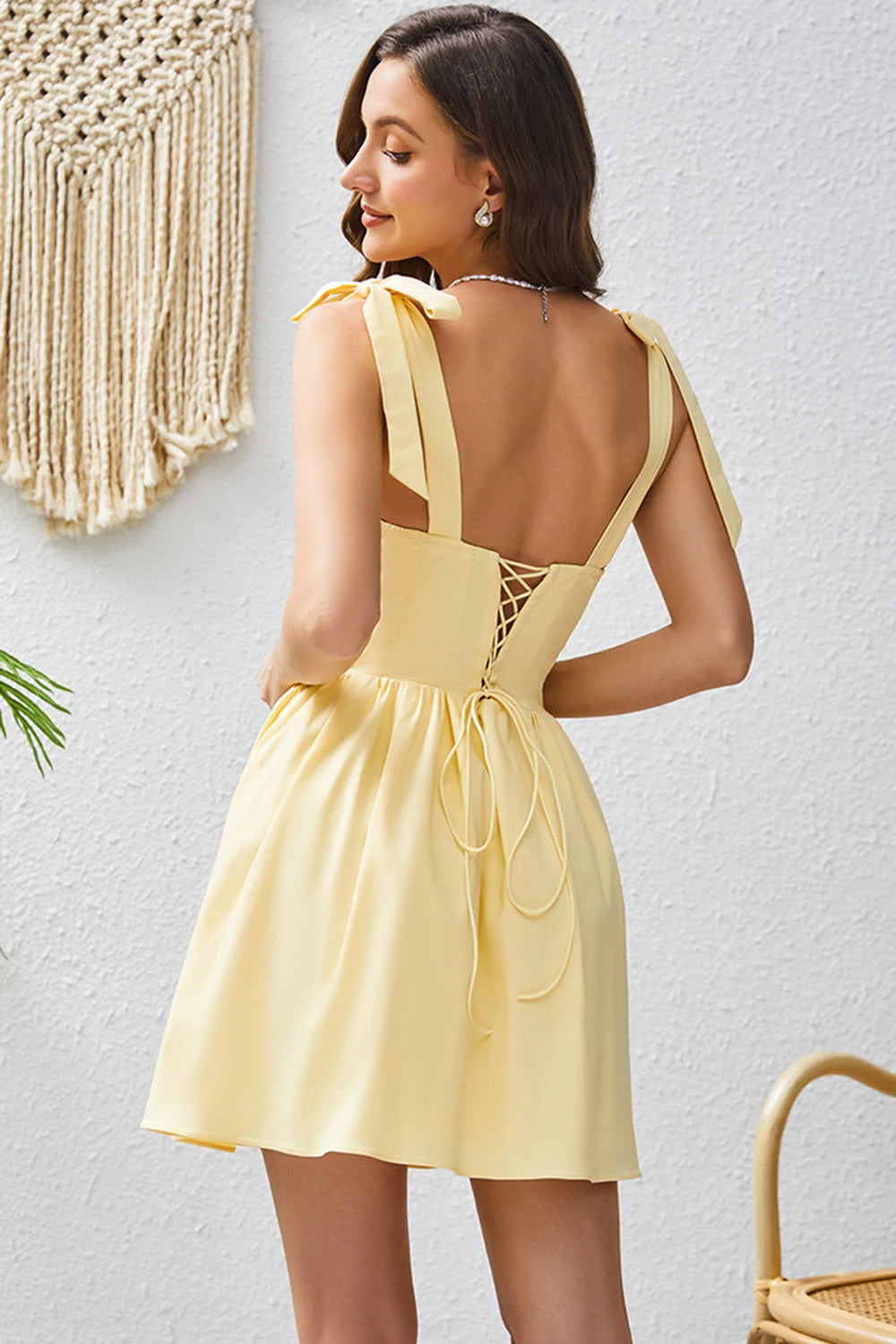Sweet A-Line Square Neck Sleeveless Ruched Tie-Shoulder Yellow Mini Homecoming Dress