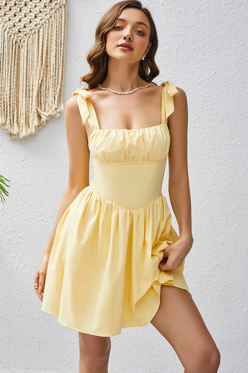 Sweet A-Line Square Neck Sleeveless Ruched Tie-Shoulder Yellow Mini Homecoming Dress