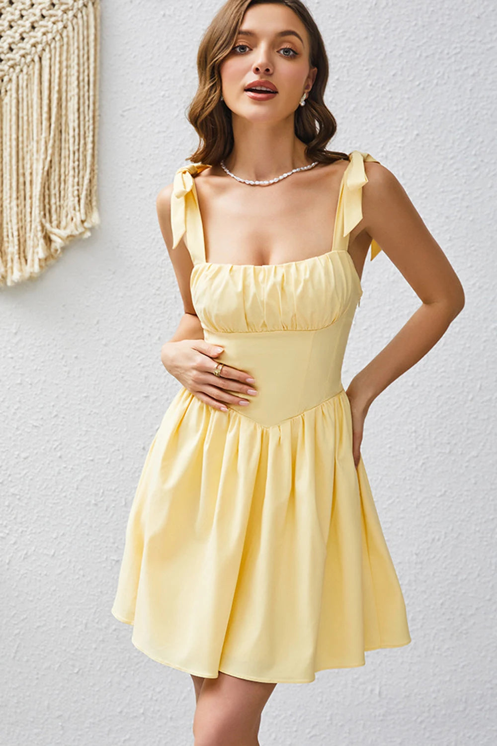 Sweet A-Line Square Neck Sleeveless Ruched Tie-Shoulder Yellow Mini Homecoming Dress