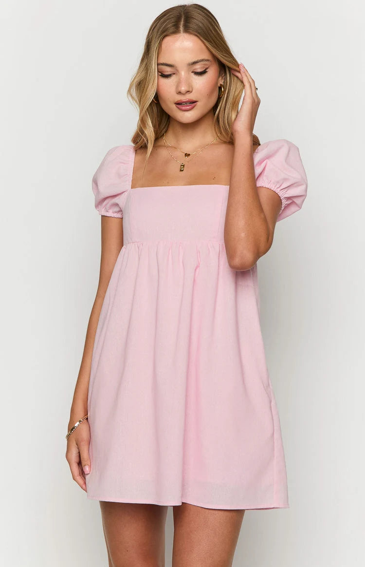 Sweet Casual Babydoll Square Neck Puff Sleeve Pink Mini Homecoming Dress