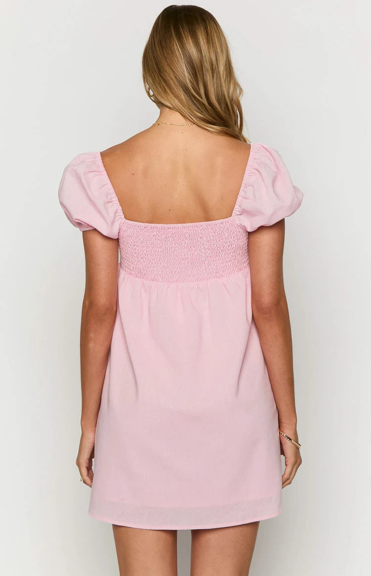 Sweet Casual Babydoll Square Neck Puff Sleeve Pink Mini Homecoming Dress