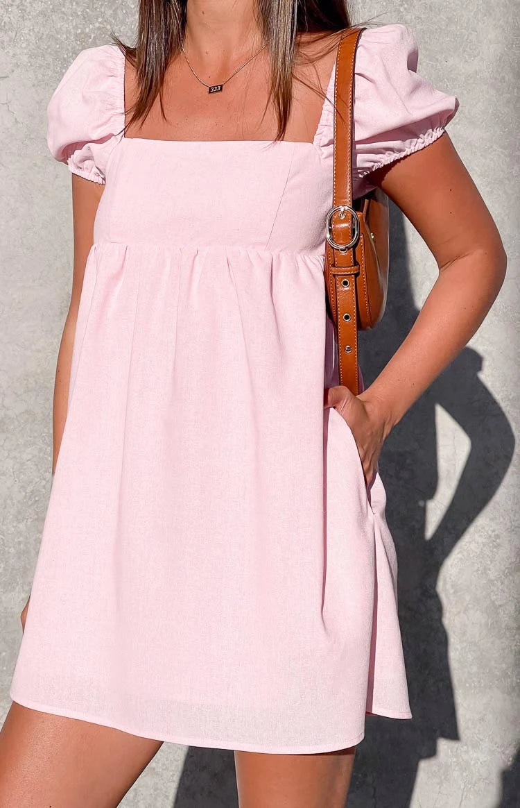 Sweet Casual Babydoll Square Neck Puff Sleeve Pink Mini Homecoming Dress