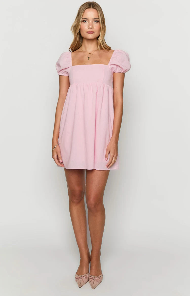 Sweet Casual Babydoll Square Neck Puff Sleeve Pink Mini Homecoming Dress