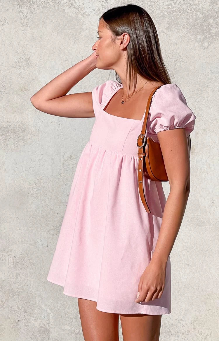 Sweet Casual Babydoll Square Neck Puff Sleeve Pink Mini Homecoming Dress