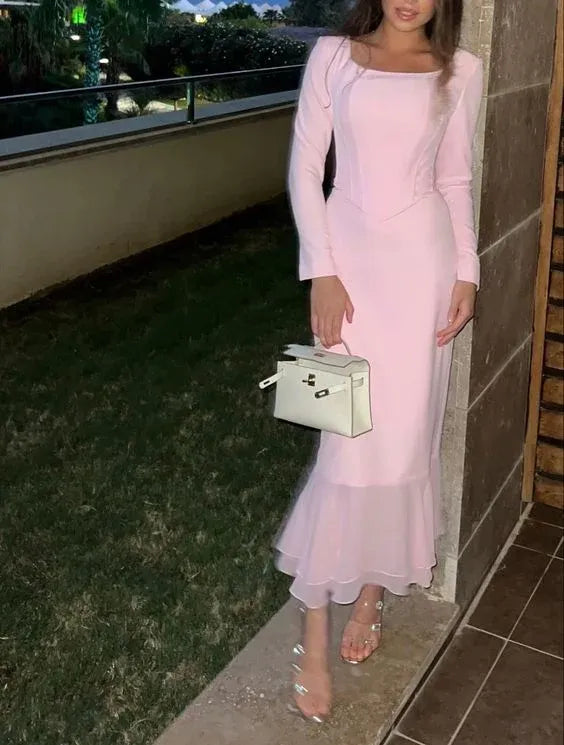 Sweet Mermaid Square‑Neck Long‑Sleeve Ruffled‑Hem Midi Formal Dress