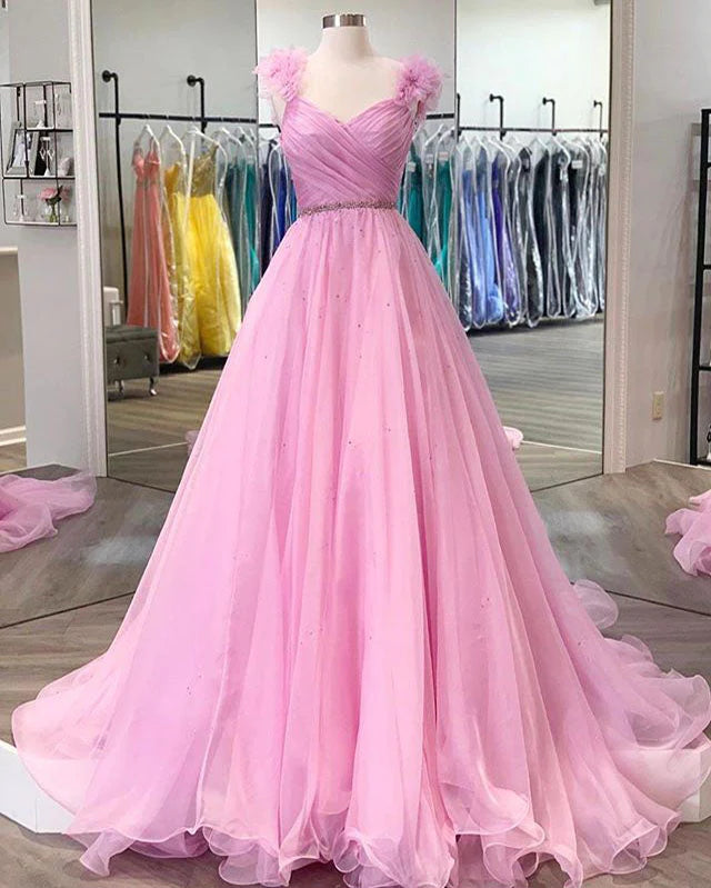 Wholesa A Line/Princess Prom Dress With 3D Flowers Tulle Skirt Beaded Bodice