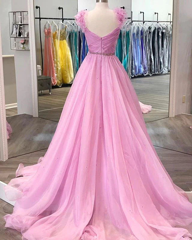 Wholesa A Line/Princess Prom Dress With 3D Flowers Tulle Skirt Beaded Bodice