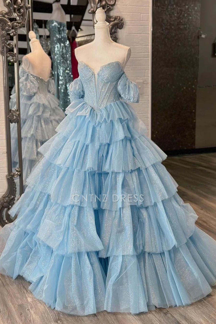 CNTNZ DRESS A-Line Sweetheart Off Shoulder Sparkly Tulle Ruched Tiered Gorgeous Hot Sale Prom Dress