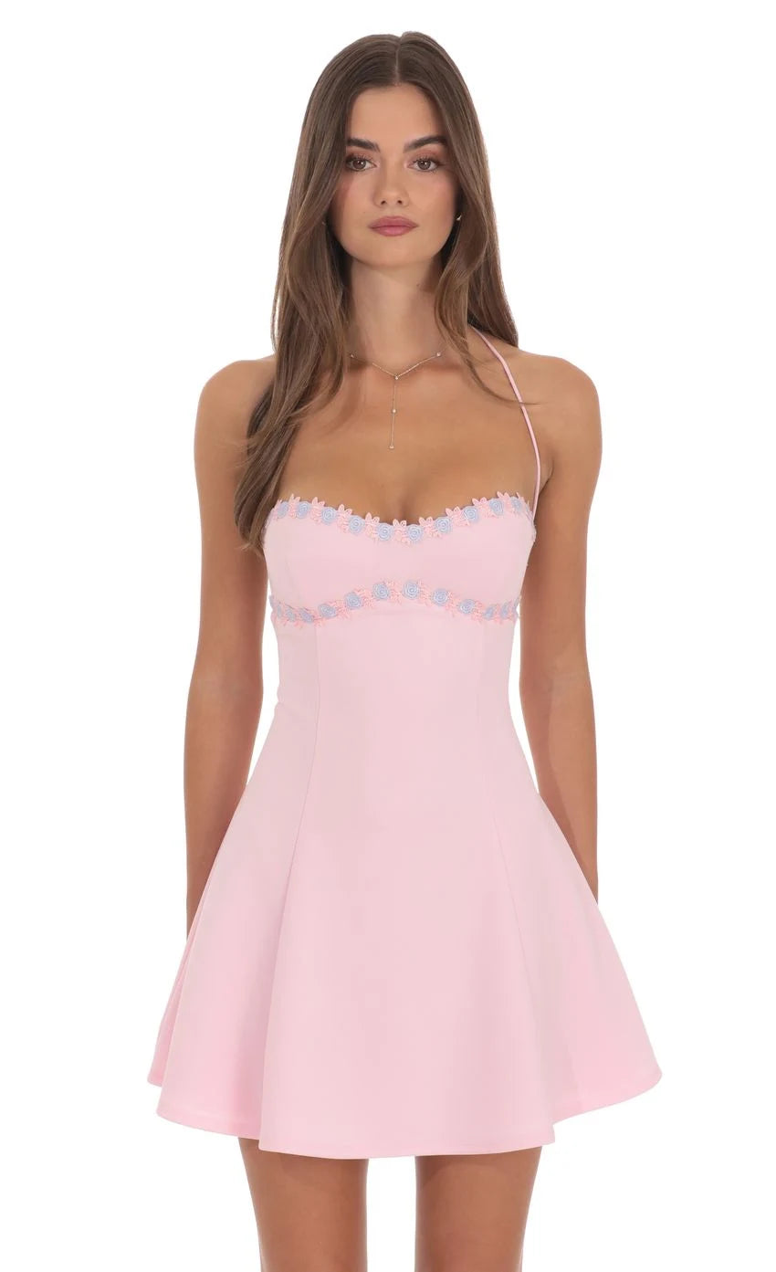 Sweetheart Halter Mini Dress with Floral Appliques & Lace-Up Back