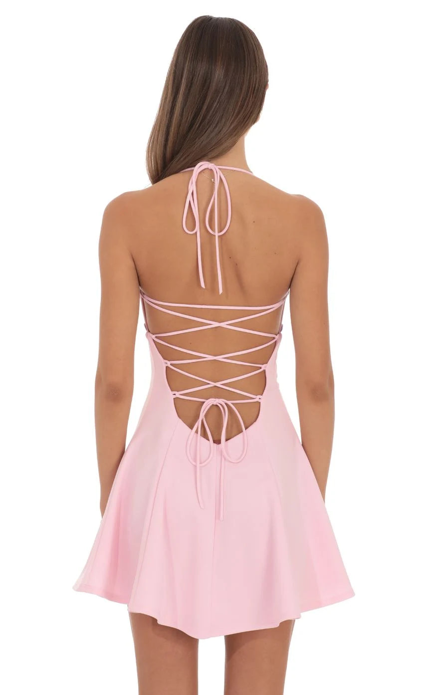 Sweetheart Halter Mini Dress with Floral Appliques & Lace-Up Back