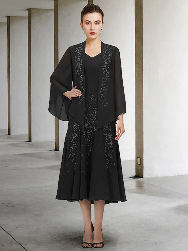 Wholesa Two Piece A-Line Mother of the Bride Dress Elegant V Neck Tea Length Chiffon Long Sleeve with Beading