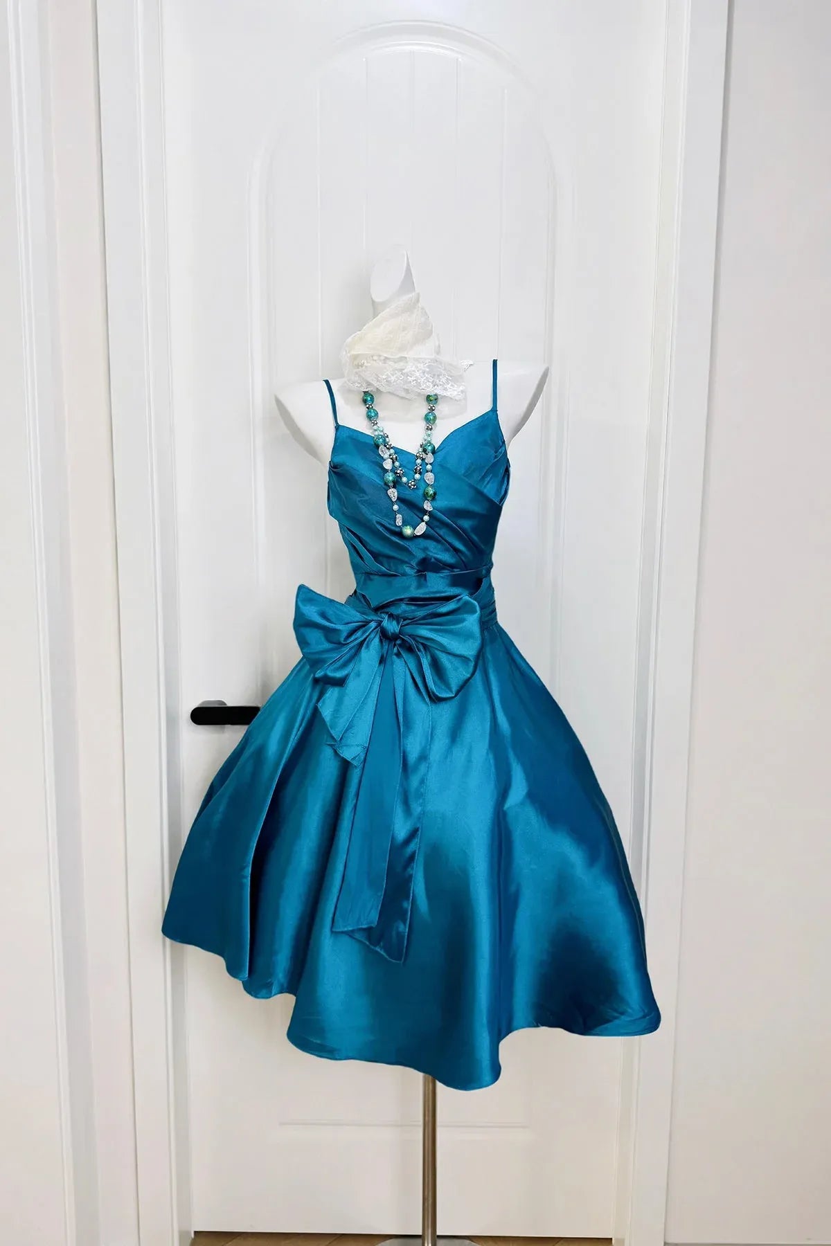Teal Spaghetti Strap Bow Waist A-Line Satin Homecoming Dress