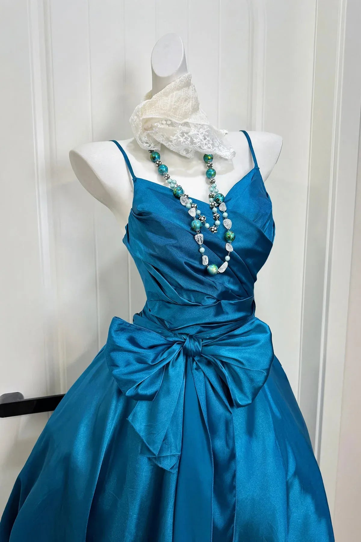 Teal Spaghetti Strap Bow Waist A-Line Satin Homecoming Dress