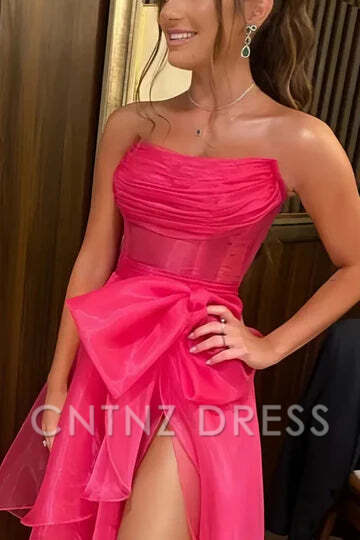 CNTNZ DRESS Elegant A-Line Bateau Strapless Ruched Tiered Side Fork Party Fashion Hot Sale Prom Dress