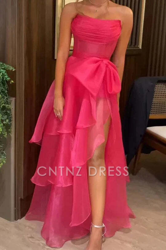 CNTNZ DRESS Elegant A-Line Bateau Strapless Ruched Tiered Side Fork Party Fashion Hot Sale Prom Dress