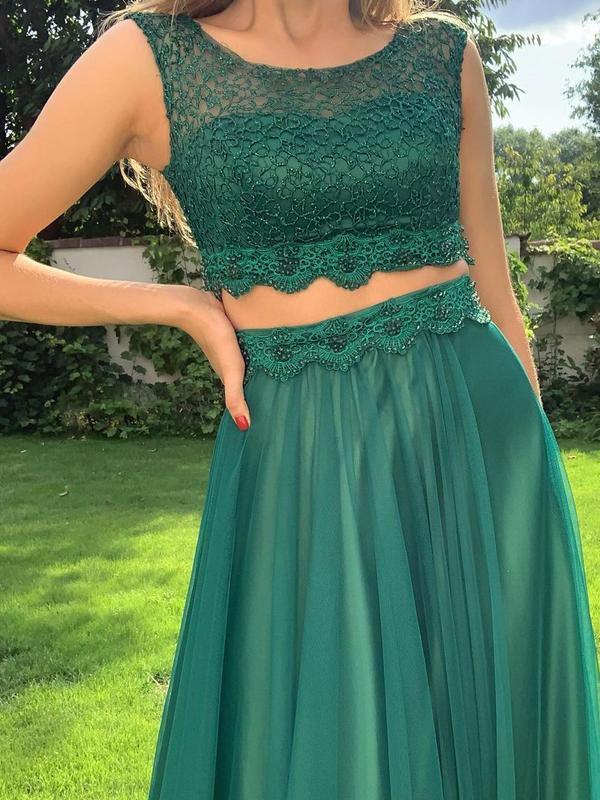 Wholesa Two Pieces Tulle Scoop Neckline Evening Gown Prom Dresses With Appliqued