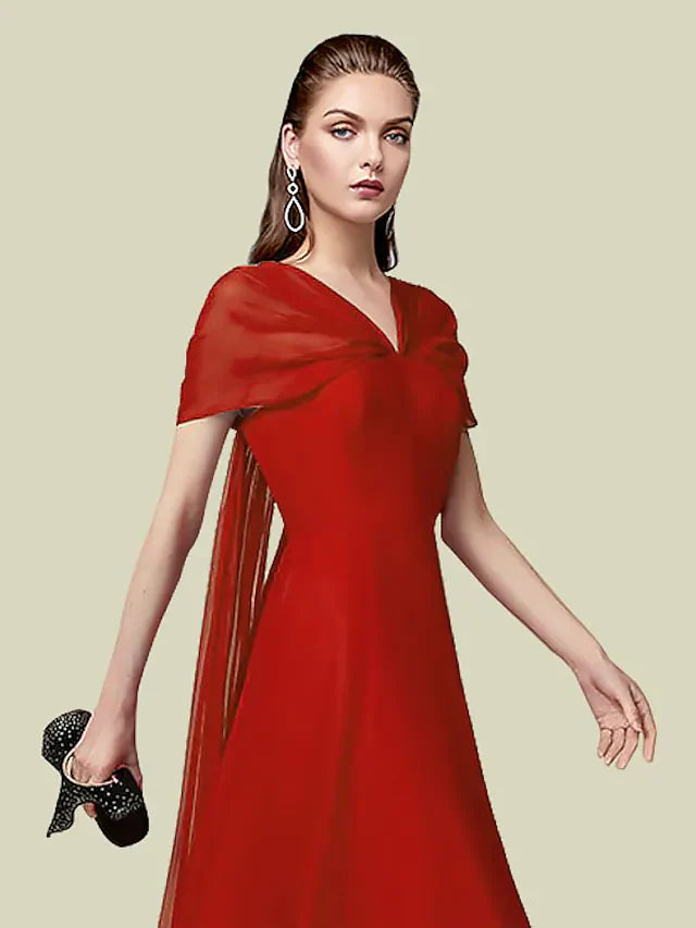 Wholesa A-Line Mother of the Bride Dress Elegant V Neck Floor Length Chiffon Short Sleeve with Pleats