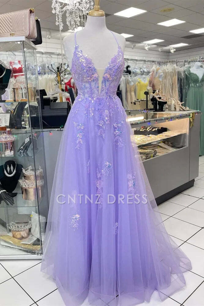 CNTNZ DRESS Elegant A-Line V-Neck Spaghetti Straps Backless Lace Up Appliques Tulle Charming Prom Dress