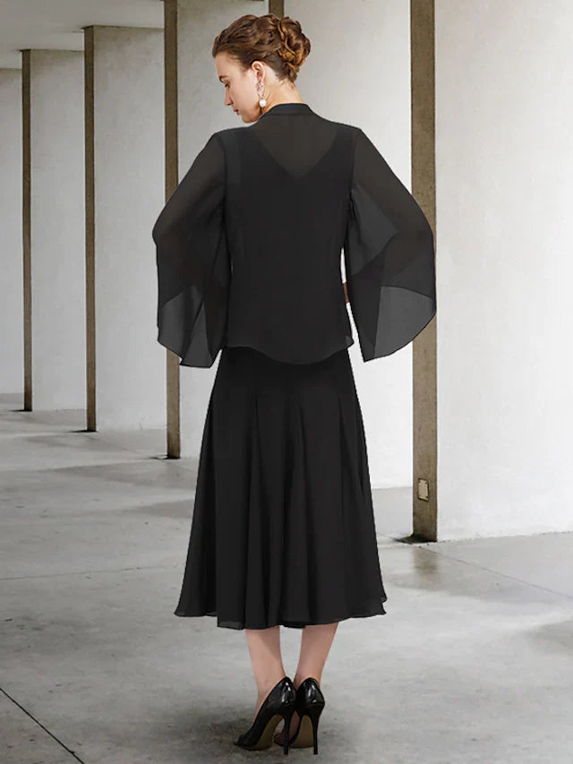 Wholesa Two Piece A-Line Mother of the Bride Dress Elegant V Neck Tea Length Chiffon Long Sleeve with Beading