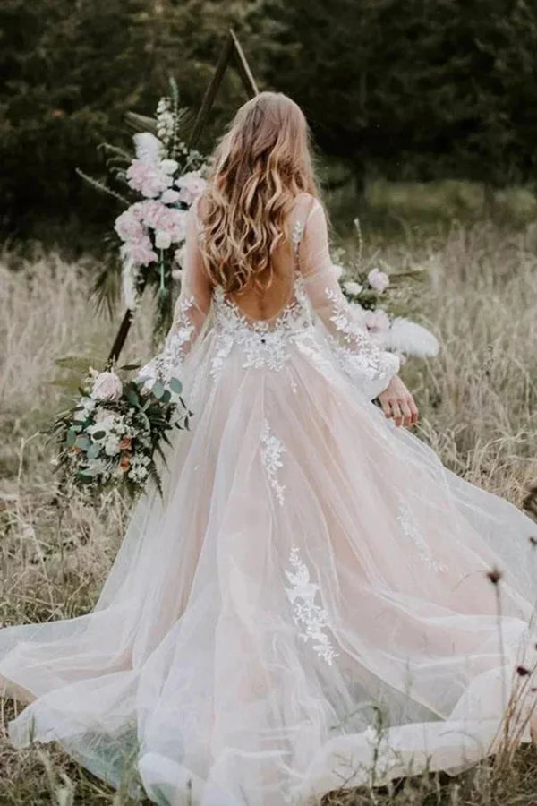 Wholesa A-line V Neck Long Sleeve Rustic Wedding Gown Wedding Dress