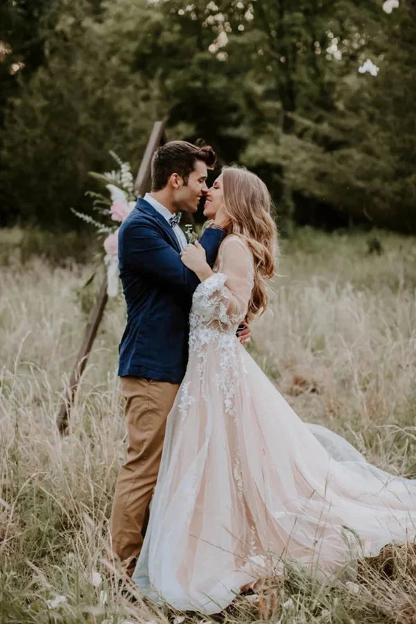 Wholesa A-line V Neck Long Sleeve Rustic Wedding Gown Wedding Dress