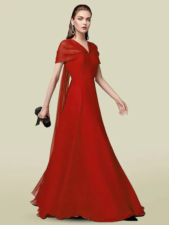 Wholesa A-Line Mother of the Bride Dress Elegant V Neck Floor Length Chiffon Short Sleeve with Pleats