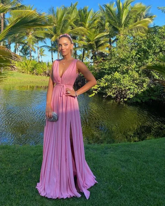 Vibrant A-Line Deep V-Neck Sleeveless Plain Back Floor Length Formal Evening Dress
