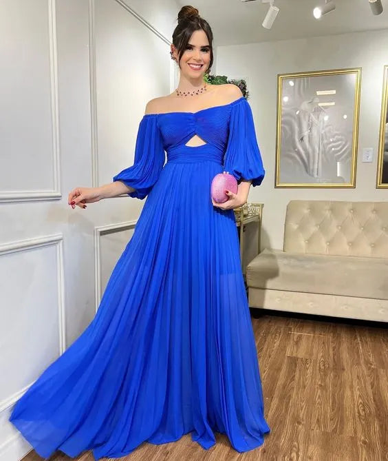 Vibrant A-Line Off-the-Shoulder Puff Sleeve Cut-Out Plain Back Floor Length Formal Evening Dress