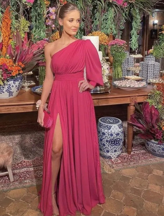 Vibrant A-Line One-Shoulder Long Sleeve Plain Back Floor Length Formal Evening Dress