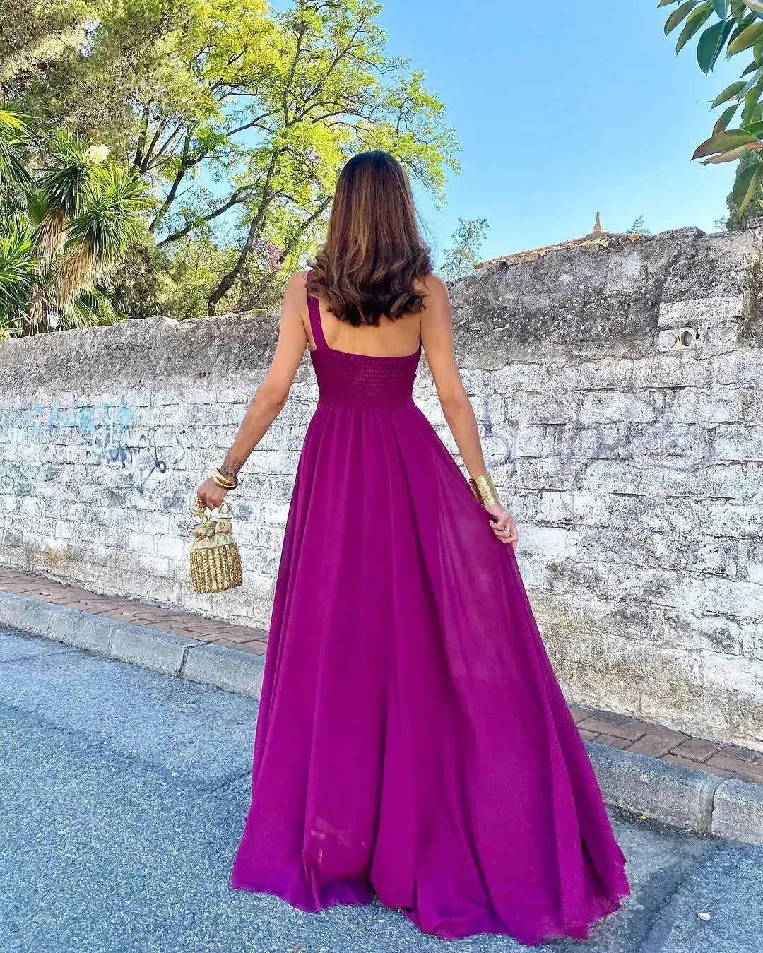 Vibrant A-Line One-Shoulder Sleeveless Smocked-Back Slit-Detail Floor-Length Prom Dress