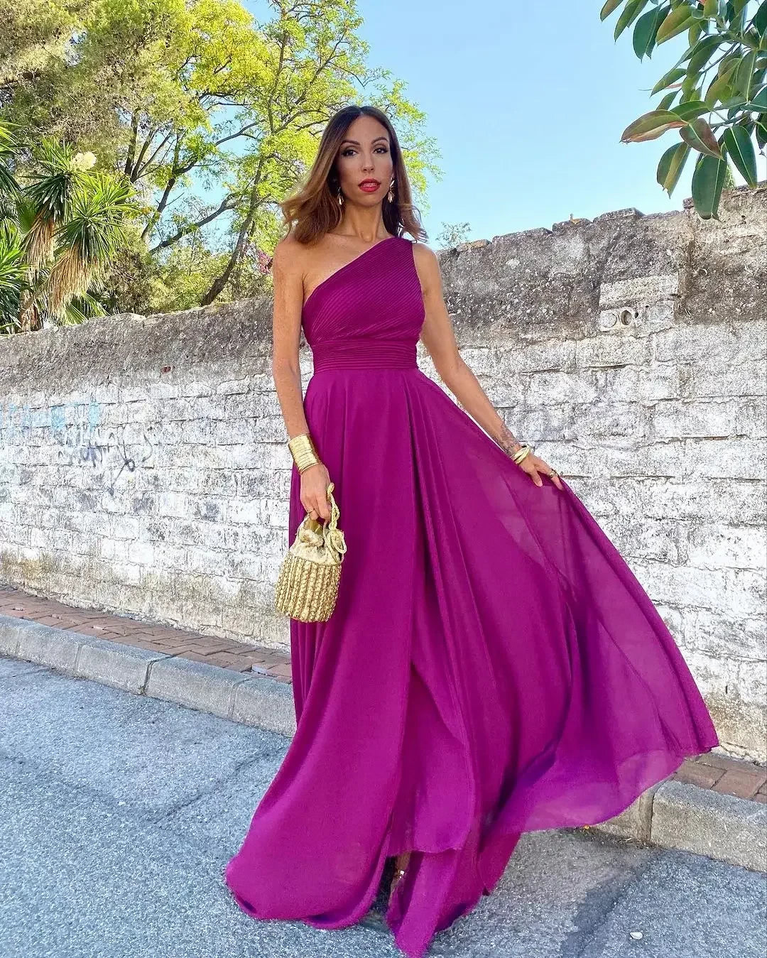 Vibrant A-Line One-Shoulder Sleeveless Smocked-Back Slit-Detail Floor-Length Prom Dress