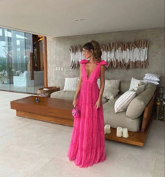 Vibrant A-Line Plunge Neck Ruffle Cap Sleeve Open Back Floor Length Evening Dress