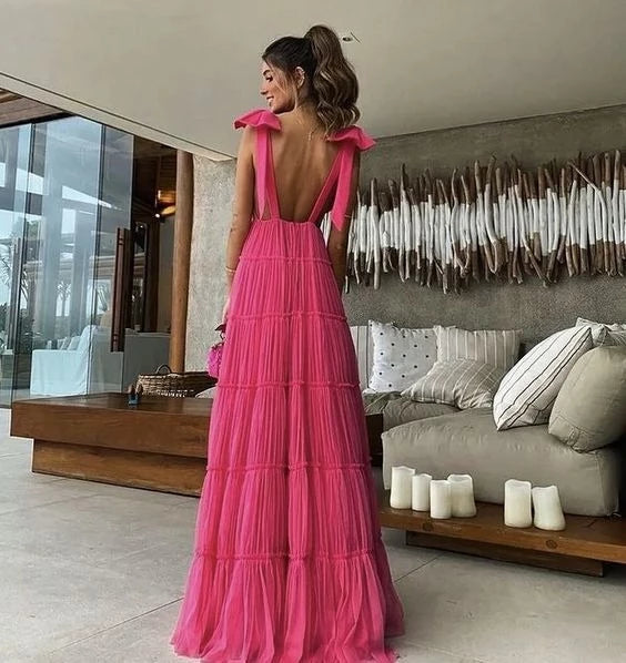 Vibrant A-Line Plunge Neck Ruffle Cap Sleeve Open Back Floor Length Evening Dress