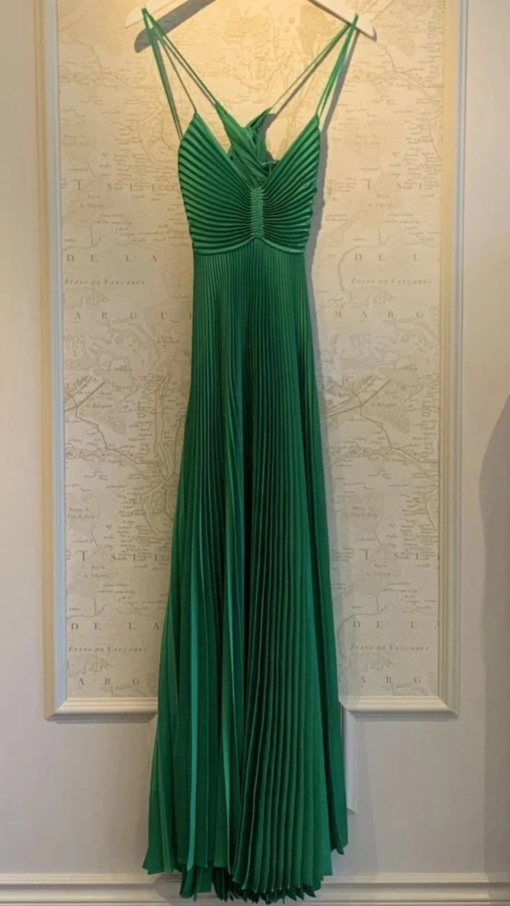 Vibrant A-Line Plunge Neck Spaghetti Strap Tie Back Train Length Evening Dress