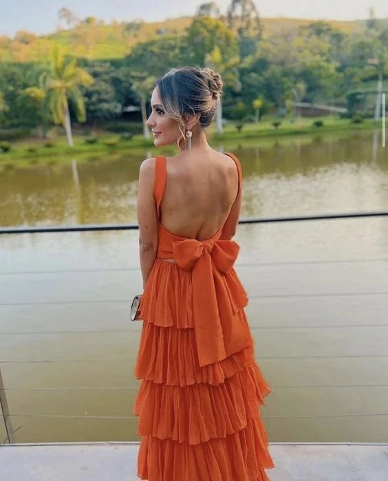 Vibrant A-Line Square Neck Sleeveless Bow Back Tiered Floor Length Evening Dress