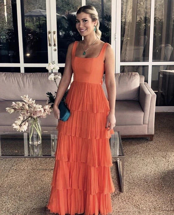 Vibrant A-Line Square Neck Sleeveless Bow Back Tiered Floor Length Evening Dress