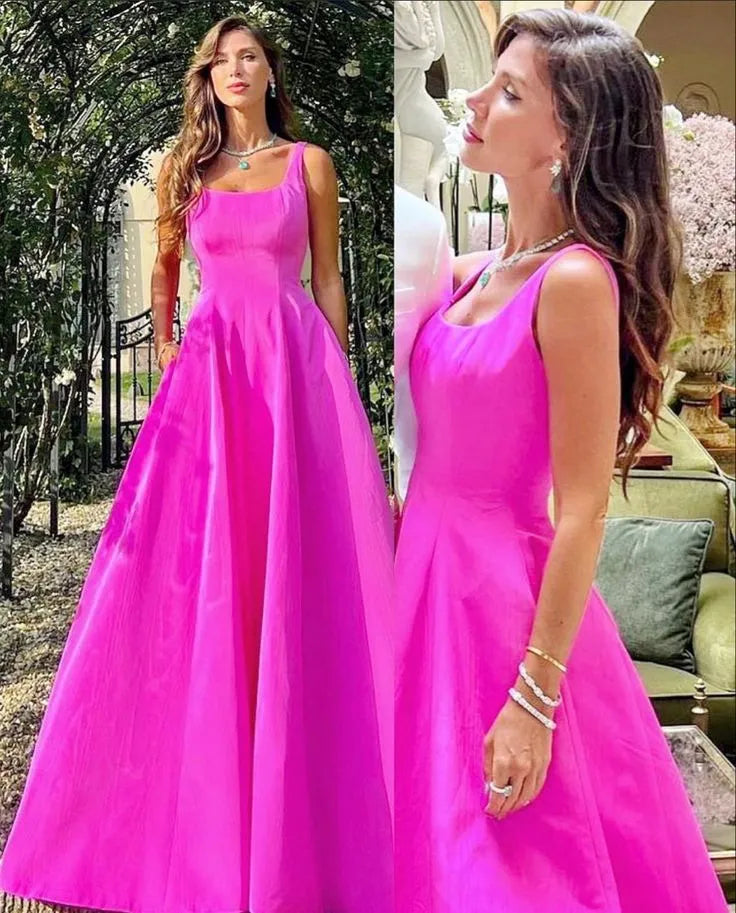 Vibrant A-Line Square Neck Sleeveless Plain Back Floor Length Formal Evening Dress
