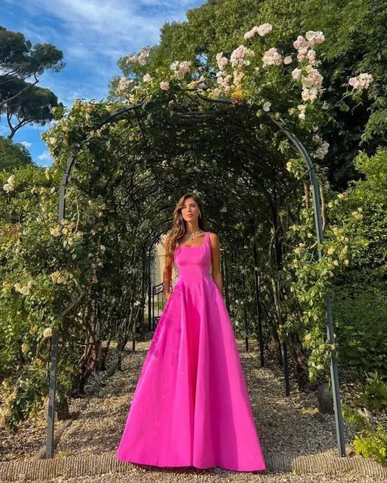 Vibrant A-Line Square Neck Sleeveless Plain Back Floor Length Formal Evening Dress