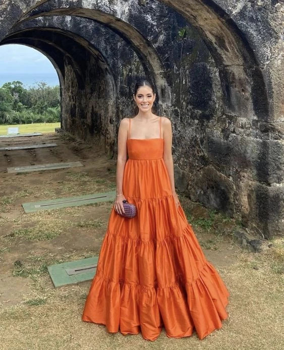 Vibrant A Line Square Neck Spaghetti Strap Open Back Tiered Floor Length Evening Dress