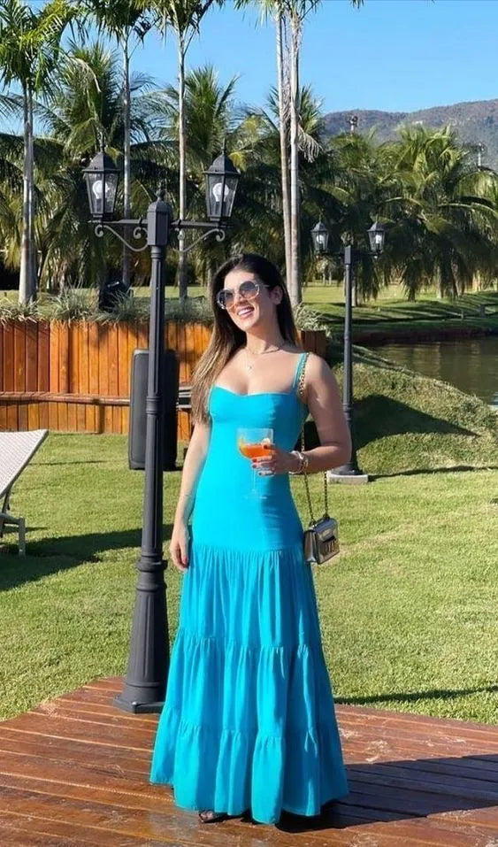 Vibrant A-Line Straight Neck Spaghetti Strap Plain Back Floor Length Formal Evening Dress