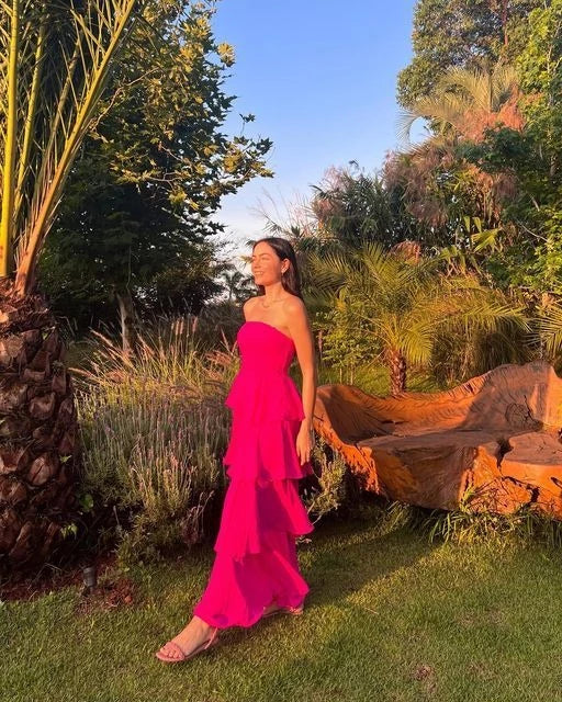 Vibrant A-Line Strapless Neck Sleeveless Open Back Tiered Floor Length Evening Dress