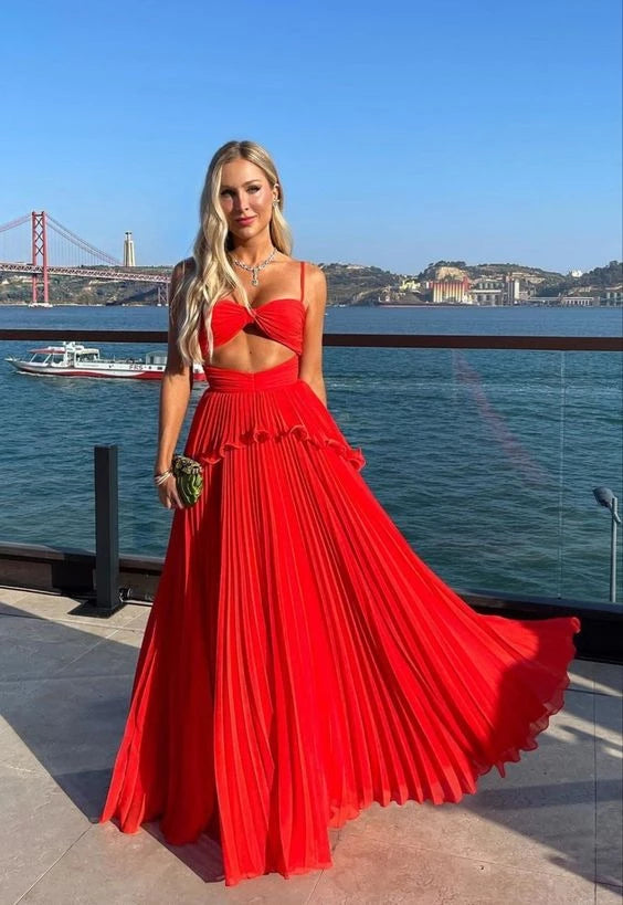 Vibrant A-Line Sweetheart Neck Spaghetti Strap Cut Out Back Pleated Floor Length Evening Dress
