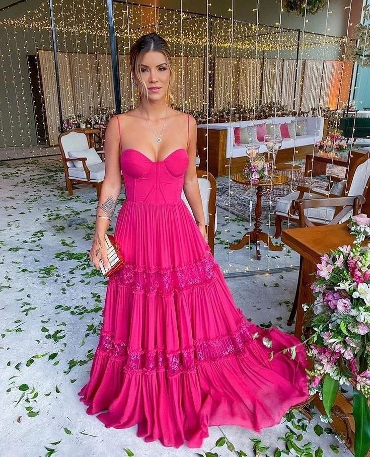 Vibrant A-Line Sweetheart Neck Spaghetti Strap Open Back Tiered Ruffle Floor Length Evening Dress