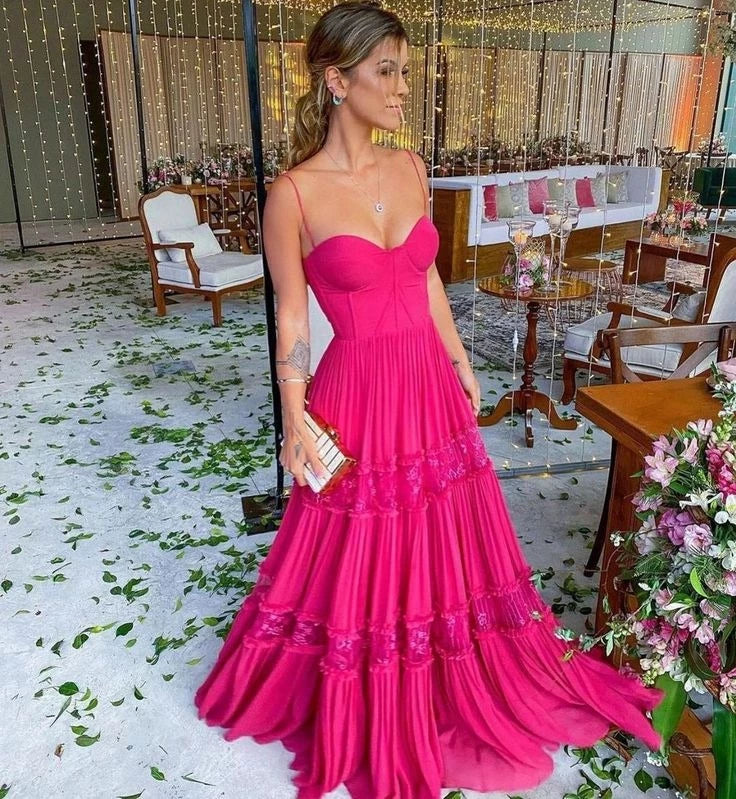Vibrant A-Line Sweetheart Neck Spaghetti Strap Open Back Tiered Ruffle Floor Length Evening Dress