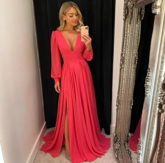 Vibrant A-Line V-Neck Long Puff Sleeve High-Slit Floor-Length Formal Evening Dress
