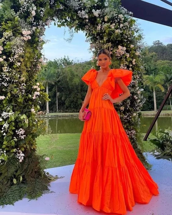 Vibrant A-Line V-Neck Puff Sleeve Open Back Tiered Floor Length Evening Dress