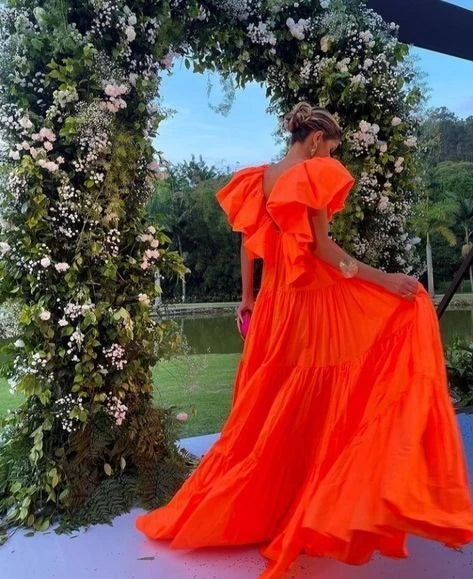 Vibrant A-Line V-Neck Puff Sleeve Open Back Tiered Floor Length Evening Dress