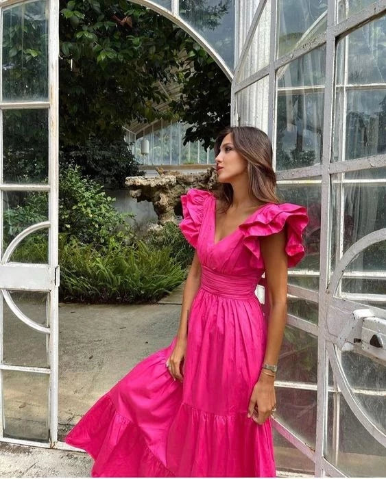 Vibrant A Line V Neck Ruffled Sleeve Open Back Tiered Floor Length Evening Dress
